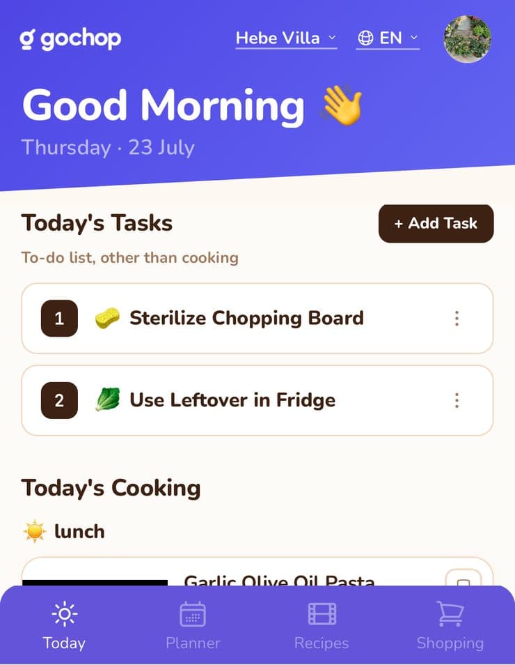 GoChop Today screen